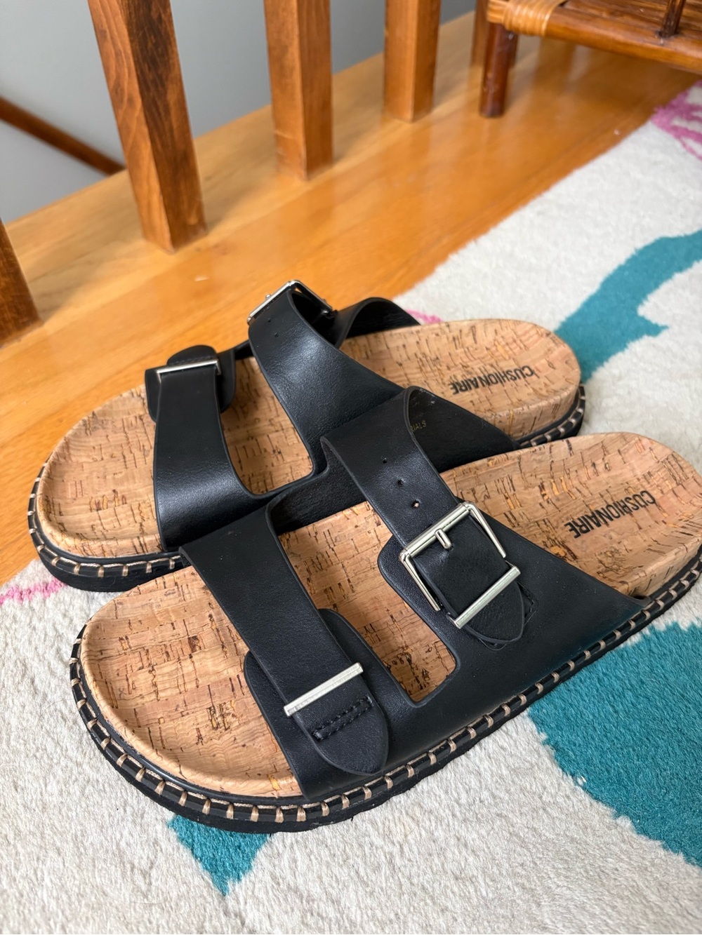 Cushionaire Black Double-Buckle Cork Footbed Sandals